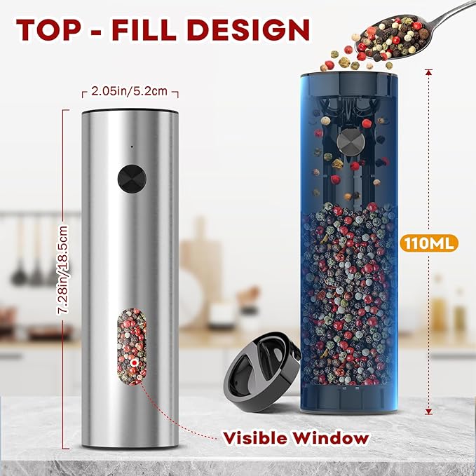 Electric Salt and Pepper Grinder Set: Automatic Rechargeable Salt and Pepper Shakers with USB Charging Base, Adjustable Coarseness, 110ml Large Capacity, Stainless Steel Pepper Grinder for Kitchen