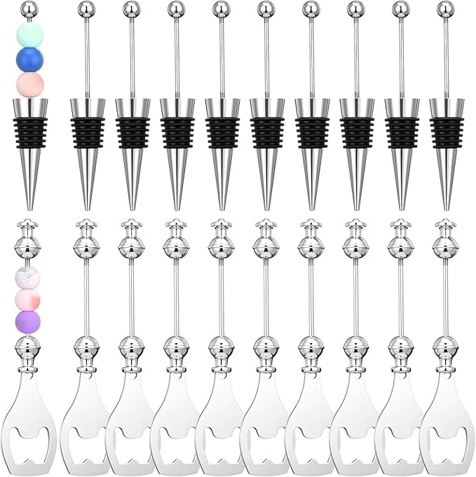 20 Pcs Beadable Wine Stoppers and Beadable Bottle Opener Set - 10 Reusable Decorative Wine Bottle Stoppers & 10 Alloy Openers for DIY Crafts, Wedding, Bar Party Favors, Holiday Gifts
