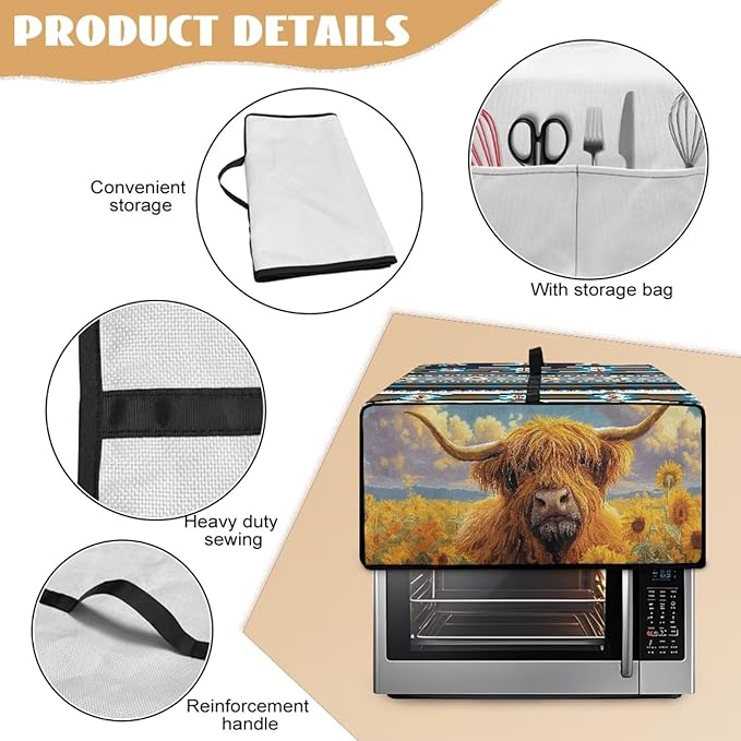 Highland Cattle Sunflower Print Toaster Cover Air Fryer Dust Cover Anti Fingerprint Aztec Toaster Oven Cover Washable Kitchen Small Appliance Covers (Small-14.5 * 18.46 * 9 inches)