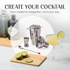 Modern Mixology Cocktail Shaker Set - Bartender Kit with Pine Stand | Leak-Proof Design | Includes Martini Shaker, Jigger, Strainer, Spoon, Tongs | Perfect Bar Tools Gift for Home Mixology (Silver)