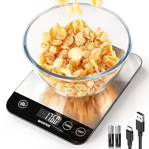Food Scale, 33lb Rechargeable Kitchen Scale with Stainless Steel, Grams and Ounces, USB Charging, 1g High Accuracy for Baking, Cooking & Food Prep, Black, BK806