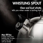 Primula Stewart Whistling Stovetop Tea Kettle Food Grade Stainless Steel, Hot Water Fast to Boil, Cool Touch Folding, 1.5-Quart, Brushed with Black Handle