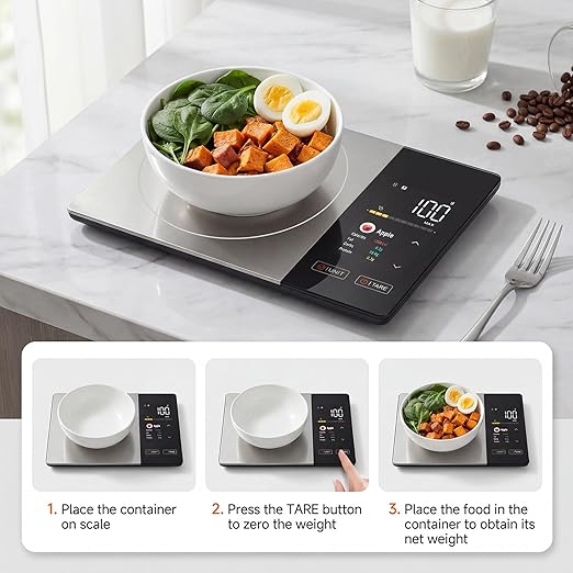 Dual Display Smart Food Scale with Nutritional Calculator, Bluetooth Calorie & Macro Tracker, 1g Precision 5kg/11lb Gram Oz, Digital Kitchen Scale for Meal Prep & Healthy Diet