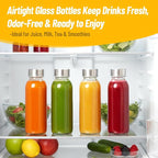10 oz Clear Glass Bottle with Lid, Reusable Glass Water Bottles with Stainless Steel Cap & Straws for Juicing, Milk, Ginger & Smoothies, Refrigerator, Leak-Proof, Juice Containers Set of 6