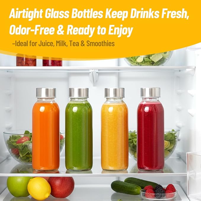 10 oz Clear Glass Bottle with Lid, Reusable Glass Water Bottles with Stainless Steel Cap & Straws for Juicing, Milk, Ginger & Smoothies, Refrigerator, Leak-Proof, Juice Containers Set of 10