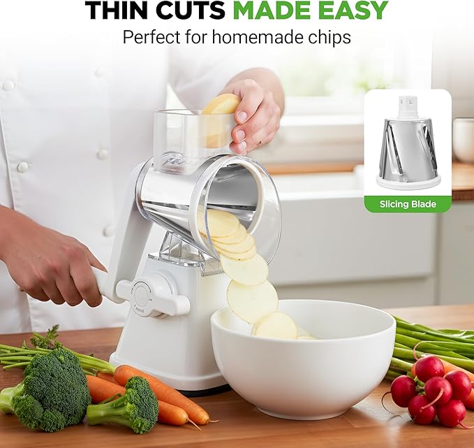 NutriChef 3 in 1 Cheese Grater & Shredder | Strong Suction Base, Rotary Handle with Safety Lock | Includes Hand Crank & 3 Drum Blades for 3 Textures, Fine, Medium & Strips | White