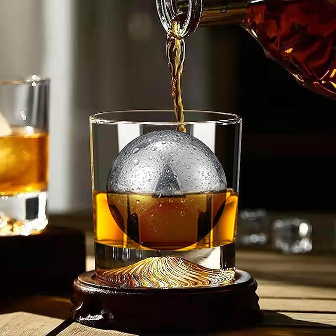 Whiskey Glasses,2 Old Fashioned Glasses Set with 2 XXL Stainless Steel Ice Balls,10oz Whiskey Rocks Glasses Gift for Men,Bourbon Tumbler for Scotch Whisky Cognac,Rock Barware at Bar Home