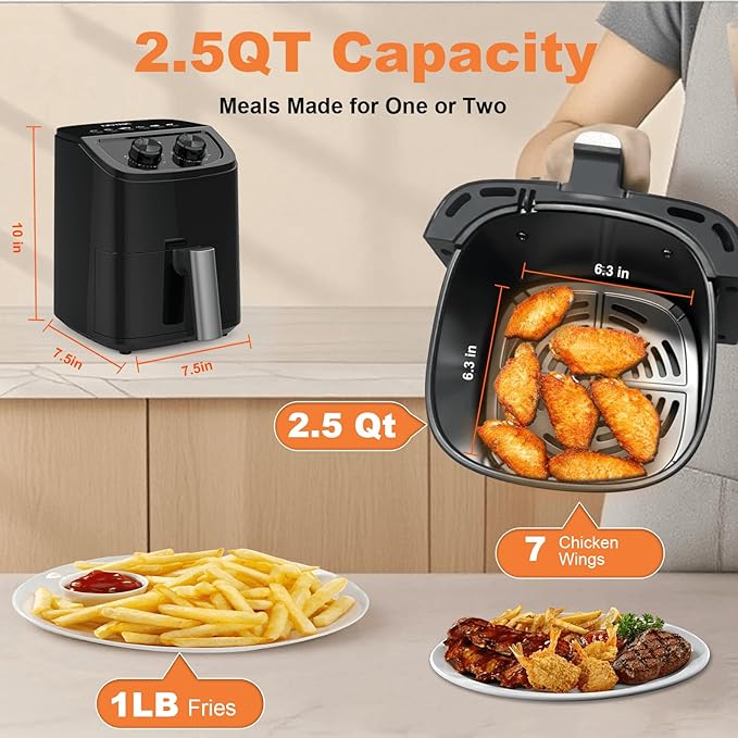 OSTBA 2.5QT Air Fryer for 1–2 People, Small Air Fryer with 6 Menu Options, Dual Knob Manual Temp & Timer, 3D Rapid Air Circulation, Nonstick & Dishwasher Safe Basket, Oil-Free Healthy Cooking