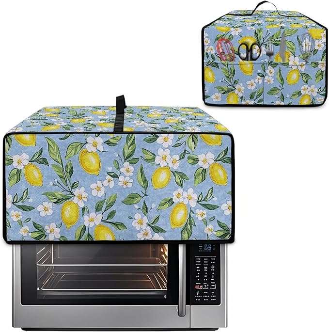 Lemon Daisy Print Toaster Oven Heavy Duty Cover with Pockets, Dust-proof Anti Fingerprint Microwave Oven Cover, Air Fryer Covers for Kitchen Counter (Large-18.5*22.5*12.99 inches)