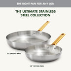 GreenPan Stainless Steel Tri-Ply Reserve 10” and 12” Frying Pan Skillet Set, Multiclad Cookware, Induction, Oven & Broiler Safe to 600°F, Heat Responsive Core, Dishwasher Safe, Gold Handles