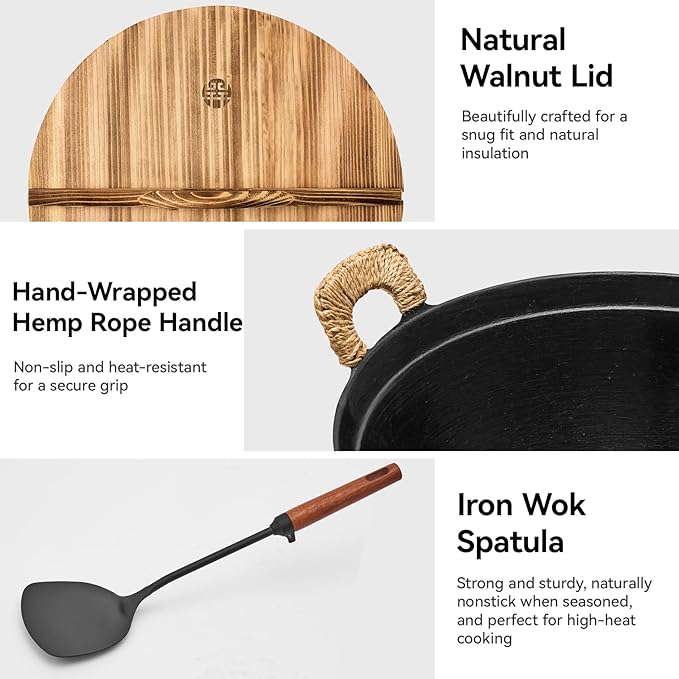 WANGYUANJI 14.2 Inch Cast Iron Wok with Wooden Lid and Iron Spatula, Flat Bottom Double-Handle Chinese Stir Fry Pan, Uncoated Cast Iron Wok for Induction, Gas and Electric Stoves