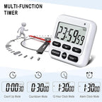 KTKUDY Digital Kitchen Timer with Mute/Loud Alarm Switch ON/Off Switch, 12-Hour Clock & Alarm, Memory Function Count Up & Count Down for Kids Teachers Cooking, Large LCD Display, Strong Magnet (White)