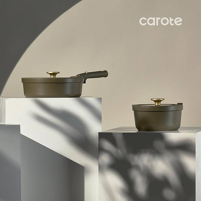 Carote 21pcs Ceramic Cookware Set with Detachable Handles, Pots and Pans Set Non Stick, RV Kitchen Cooking Pot and Pan, Dishwasher Safe, Non-toxic Induction Cookware PFAS and PFOA Free, Olive Green