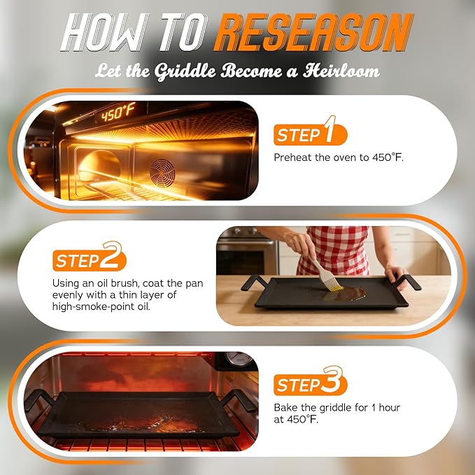 Premium Carbon Steel Griddle, Large Non-Toxic Stovetop Flat Top Pan for Gas, Electric Range, Induction, Grill & Campfire, Pre-seasoned Nitride Coating, Oven Safe to 1200°F, with Heat-insulating Gloves