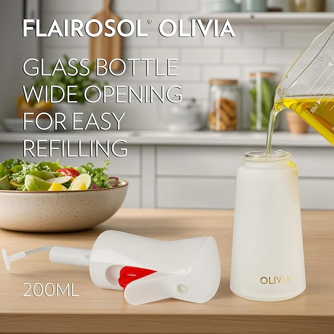 FLAIROSOL OLIVIA SIGNATURE Advanced Kitchen Oil Sprayer Technology, Fine Mist & Portion Control, Refillable Glass Olive Oil Cooking Spray Bottle for Air Fryer, Salad, BBQ, 200ml (White, Gold)