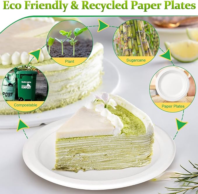 300 Pack Small Compostable Paper Plates, 6 inch, Made from Sugarcane Fibers, Recycled, White