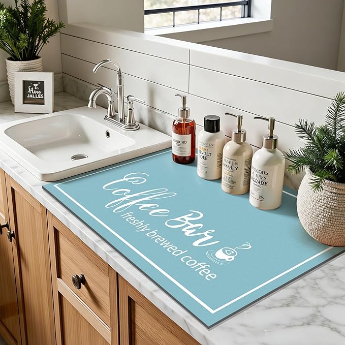 Findosom Dish Drying Mat, 12"x 20" Super Absorbent & Hide Stain Coffee Mat, Cuttable Drying Mat for Kitchen Counter, Coffee Bar Accessories, Under Dish Rack, Coffee Maker, Espresso Machine, Blue