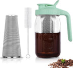 Cold Brew Coffee Maker,32 oz Mason Jar Pitcher with Stainless Steel Filter, Pour Spout Handle Lid, Heavy Duty Glass Airtight & Leak-Proof for Iced Coffee Tea Breastmilk Lemonade-Green