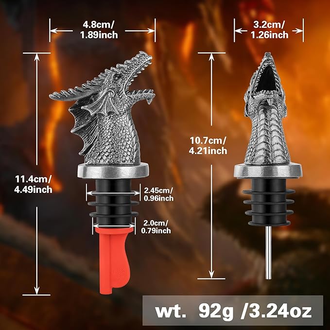 Dragon Head 2-In-1 Wine Bottle Pourer and Stopper, Gifts for Men Women Dragon Fans, Liquor Bottle Pourers Spout for Alcohol Spirits, Wine Accessories, Dark Silver