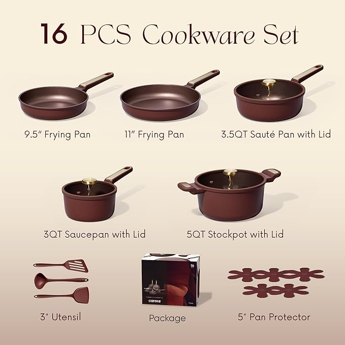 CAROTE Pots and Pans Set Nonstick, 16pcs Cookware Set Nonstick Non-Toxic & PFOA&PFOS-Free, Dishwasher, RV/Camping Cookware Set, Cooking Pots with Lids,Wine Red