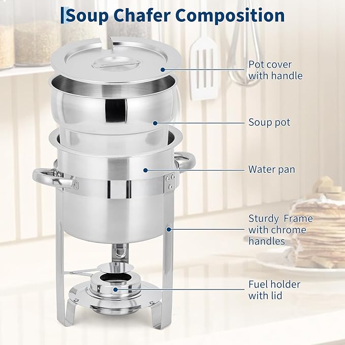 GarveeHome 11QT Soup Chafer Set of 4, Stainless Steel Round Soup Warmer with Pot, Notched Lids & Fuel Holders, Commercial Food Warmer for Buffets, Events and Party Service