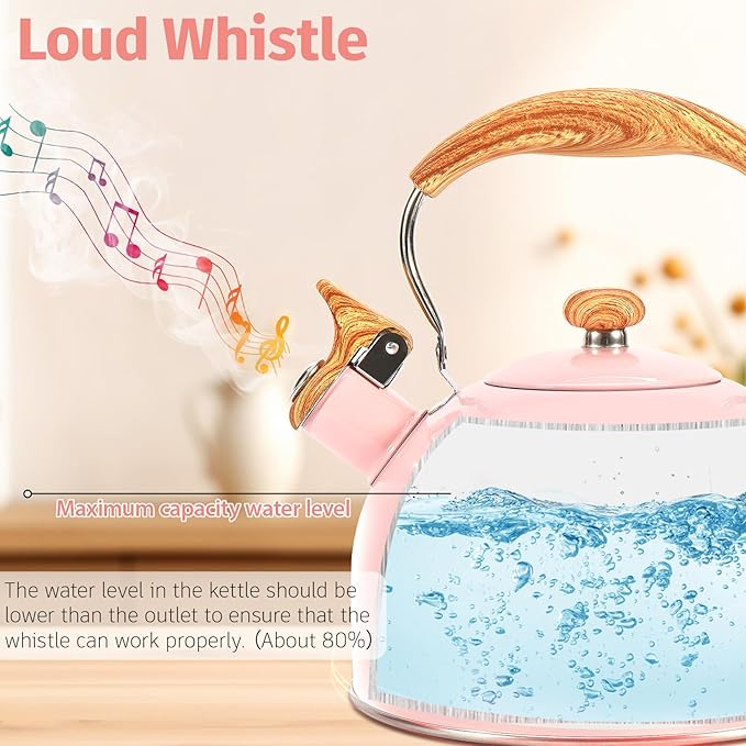 Tea Kettle,Whistling Tea Kettle Stovetop 2.6 Quart, Tea Pots for Stove Top Food Grade Stainless Steel,Wood Pattern Handle(Pink),With Anti Scald Towel