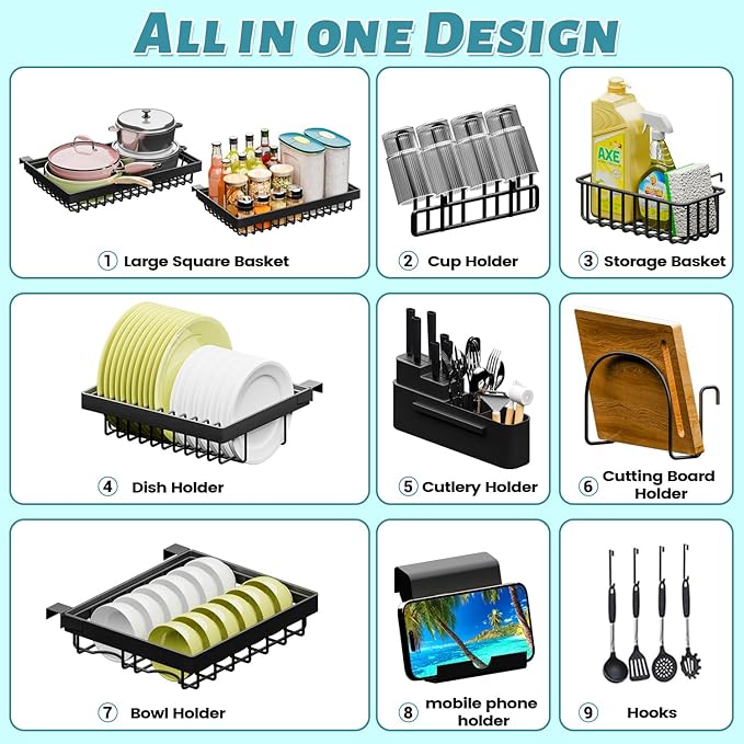 ADBIU Over The Sink Dish Drying Rack (Expandable Height and Length) Snap-On Design 2 Tier Large Dish Rack (27-40L x 12W x 32.5-37H (inches))
