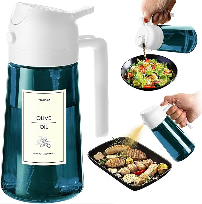 TrendPlain 16oz/470ml Blue Glass Olive Oil Sprayer for Cooking - 2 in 1 Olive Oil Dispenser for Kitchen Gadgets, Air Fryer, Salad, and BBQ - White