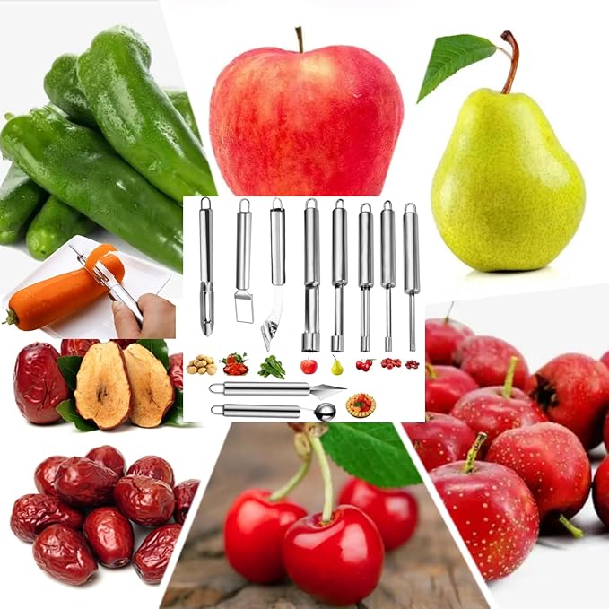 Fruit and Vegetable Corer Tool,Kitchen Fruit Carving Knife, Multi-Function Stainless Corer and Pitter Remover Set for Apple, Pear, Cherry, Jujube, Red Dates, Chili,Potato, Watermelon（10 Pcs）