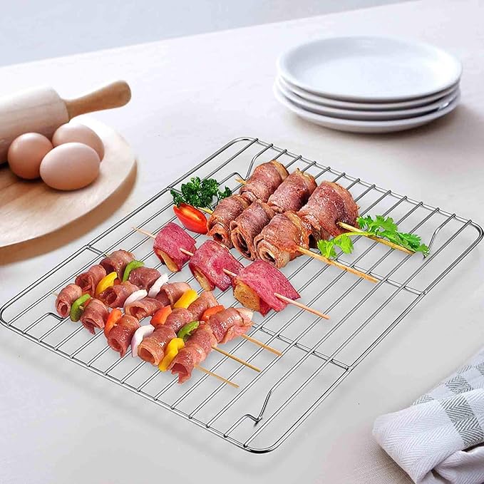 TeamFar Toaster Oven Pan, 9.3’’ x 7’’ Stainless Steel Mini Rectangular Cookware Baking Roasting Cake Pan with Cooling Rack and Lid, Healthy & Sturdy, Deep & Visible Lid, Dishwasher Safe – 4 PCS
