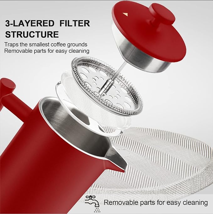Secura French Press Coffee Maker, 304 Grade Stainless Steel Insulated Coffee Press with 2 Extra Screens, 34oz (1 Litre), Red