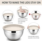 P&P CHEF Mixing Bowls With Lids, Set of 6, Stainless Steel Nesting Mixing Bowls & Fitting Lids & Non-Slip Silicone Bottom, Ideal for Mixing, Storing, Size 0.7/1/1.5/2.5/3/4.6 Qt, Khaki