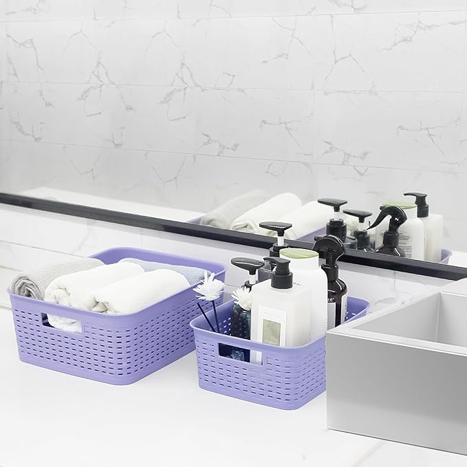 Soddeph Plastic Storage Baskets for Cabinets, Household Pantry Organization with Handle,Organizer Bins for Room,Bathrooms,Under-Sink,Kitchen (Purple, M-3PACK)
