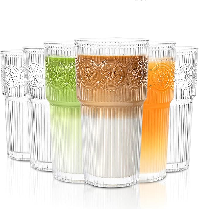 INSETLAN 20oz Ribbed & Floral Glasses Drinking Set of 6- Clear Glass Tumbler, Reusable Glass Cups for Iced Coffee, Water, Beer, Smoothies, Tea, and Juice – Perfect for Party and Daily Use