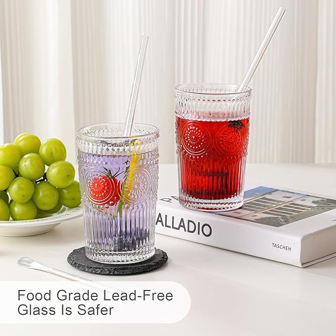 ZMOWIPDL Vintage Glassware Drinking Glasses Set of 6,13 oz Clear Textured Flower Design Glass Water Tumblers，Embossed Striped Drinkware for Water,Cocktails,Juice,Iced Coffee