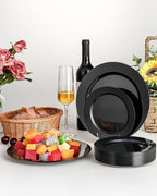 BESTVIP 100PCS Black Plastic Plates, Disposable Party Plates with 50 Dinner Plates and 50 Dessert Plates, Plastic Plates for Party, Wedding Birthday and Halloween (Black, 100PCS)