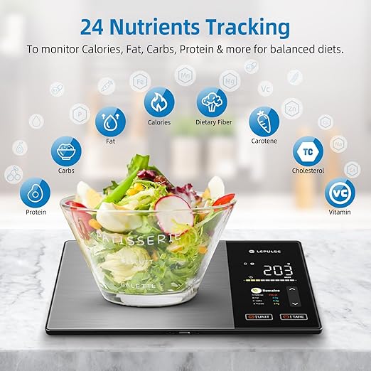 Food Scale with Nutritional Calculator, Smart Digital Kitchen Scale for Weight Loss, App with 23 Nutrients Tracking, Calorie, Fat, Carbs, Premium Stainless Steel, 11lb