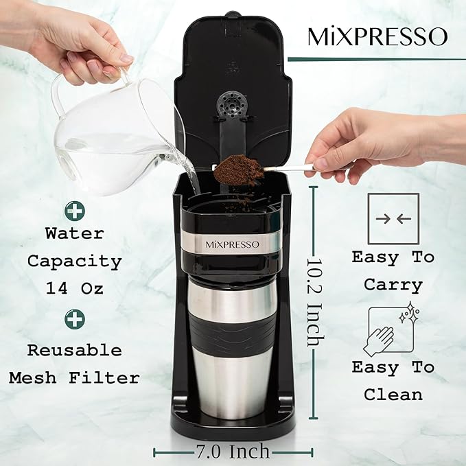 Mixpresso Personal Single-Serve Coffee Maker & 14oz Travel Mug, Drip Small Coffee Maker & Tumbler, Auto Shut Off & Reusable Filter, Compatible with Coffee Grounds Bundle With Electric Milk Frother - L