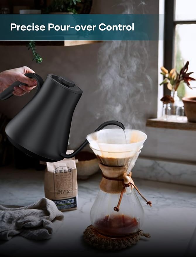 INTASTING Gooseneck Electric Kettle with ±1℉ Temperature Control for Pour Over Coffee & Tea, Quick Heating, BPA-Free Stainless Steel, Built-in Brew Timer, 1500W/0.9L (Ebony Black)