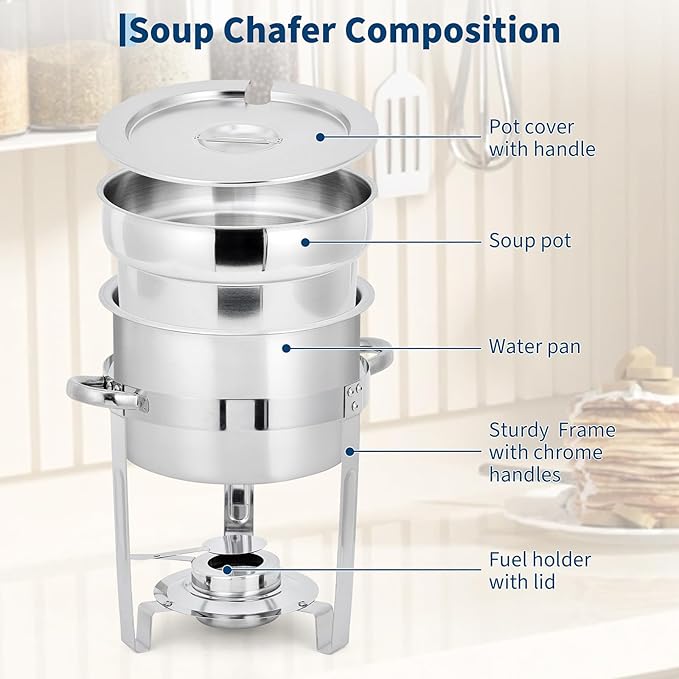 GarveeHome 7QT Soup Chafer Set of 4, Stainless Steel Round Soup Warmer with Pot, Notched Lids & Fuel Holders, Commercial Food Warmer for Buffets, Events and Party Service
