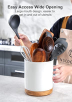 Nucookery 360° Rotating Utensil Holder, 7.2" Large Utensil Crock, White Ceramic Cooking Utensil Organizer with Countertop-Protection Cork Bottom for Farmhouse Kitchen Decor Christmas Gift (White)