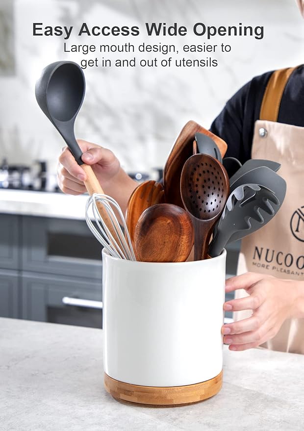 Nucookery 360° Rotating Utensil Holder, 7.2" Large Utensil Crock, White Ceramic Cooking Utensil Organizer with Countertop-Protection Cork Bottom for Farmhouse Kitchen Decor Christmas Gift (White)