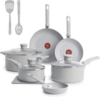 T-Fal Refresh Ceramic Nonstick Cookware Set, 12-Piece Ceramic Pots and Pans Set, Includes Stockpot, Griddle, Frying Pans, Utensils, Moon Grey