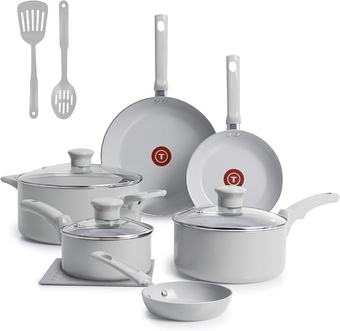 T-Fal Refresh Ceramic Nonstick Cookware Set, 12-Piece Ceramic Pots and Pans Set, Includes Stockpot, Griddle, Frying Pans, Utensils, Moon Grey