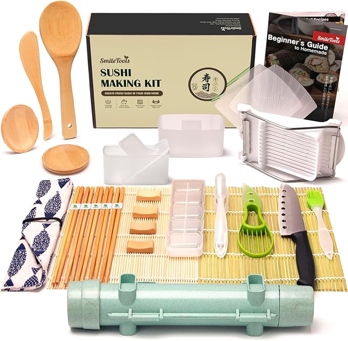 SmileTools Sushi Making Kit & Musubi Maker Kit - for Beginners & Pros with Sushi Roller Bazooka, 2 Bamboo Mats, 2 Musubi Press Molds and Spam Slicer