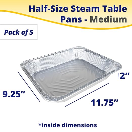 IDL Packaging Half-Size Aluminum Steam Table Pans - Medium, 13" x 11" x 2" (pack of 5) - Disposable Foil Pan for Grilling, Roasting, BBQ, Cooking, Baking, Freezing