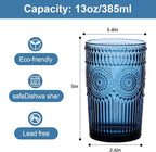 ZMOWIPDL Vintage Glassware Drinking Glasses Set of 6,13 oz Blue Textured Flower Design Glass Water Tumblers，Embossed Striped Drinkware for Water,Cocktails,Juice,Iced Coffee