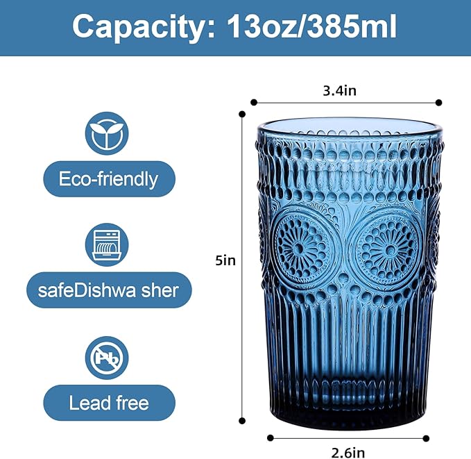ZMOWIPDL Vintage Glassware Drinking Glasses Set of 6,13 oz Blue Textured Flower Design Glass Water Tumblers，Embossed Striped Drinkware for Water,Cocktails,Juice,Iced Coffee