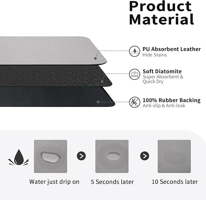HotLive Dish Drying Mat for Kitchen Counter, Heat Resistant Drainer Mats with Non-slip Rubber Backed, Hide Stain Kitchen Super Absorbent Draining Mat, Easy to Clean Dish Rack Pad, Grey 16"x18"