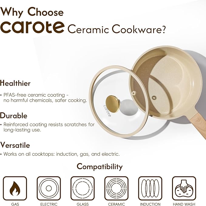 CAROTE 1.6Qt & 3.0Qt Sauce Pan Sets with Lid Ceramic Nonstick Pot Set Non Toxic Saucepan with Stay-cool Handle Small Kitchen Cooking Pots, Easy to Clean, Induction Comptable, PFOA FREE